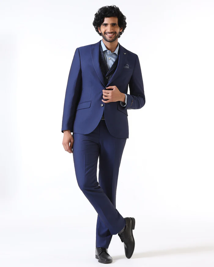 Navy Three Piece Textured Suit - Opto