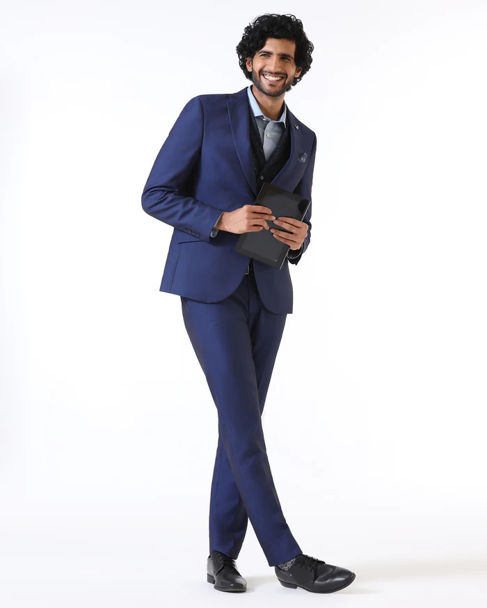 Navy Three Piece Textured Suit - Opto - Image 7