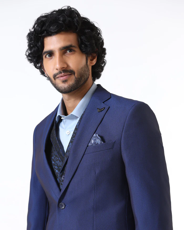 Navy Three Piece Textured Suit - Opto - Image 6