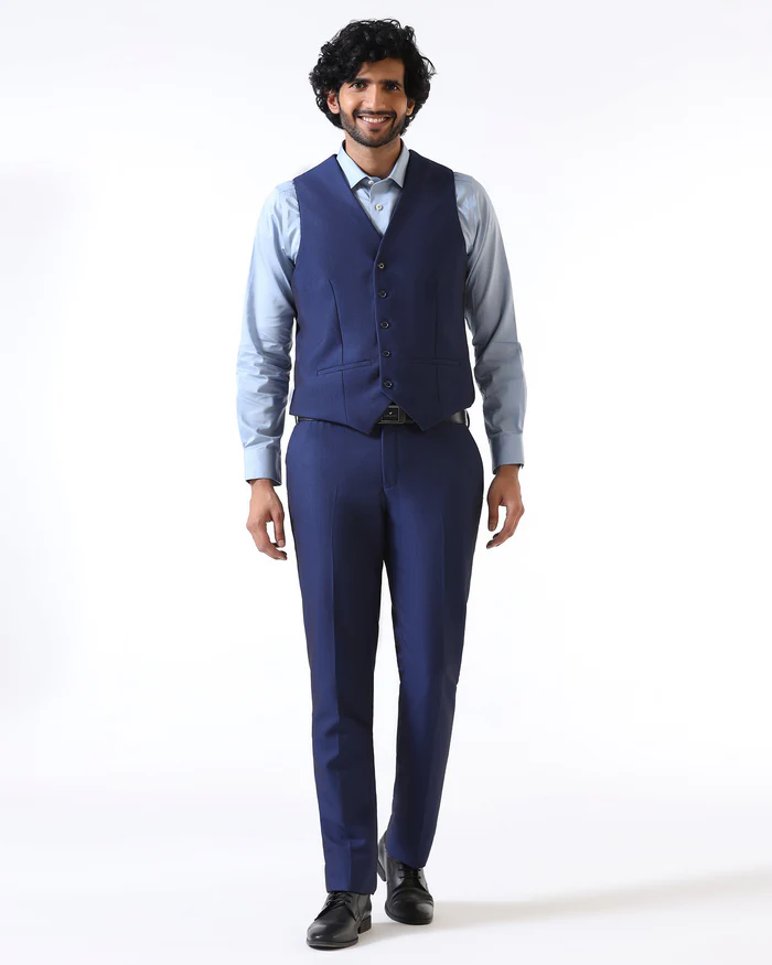 Navy Three Piece Textured Suit - Opto - Image 5