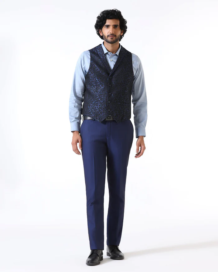 Navy Three Piece Textured Suit - Opto - Image 4