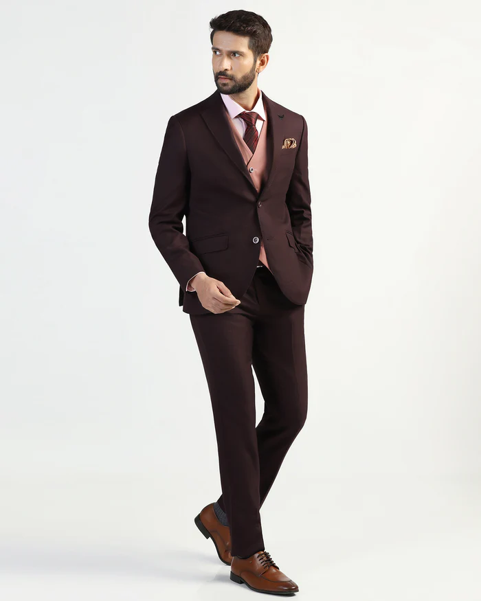 Three Piece Wine Textured Formal Suit - Kepner - Image 2